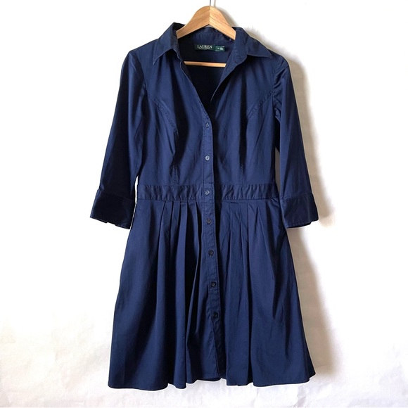 Lauren Ralph Lauren Navy Blue Pleated Shirt Dress Womens Size 10 Button Up - Picture 2 of 11